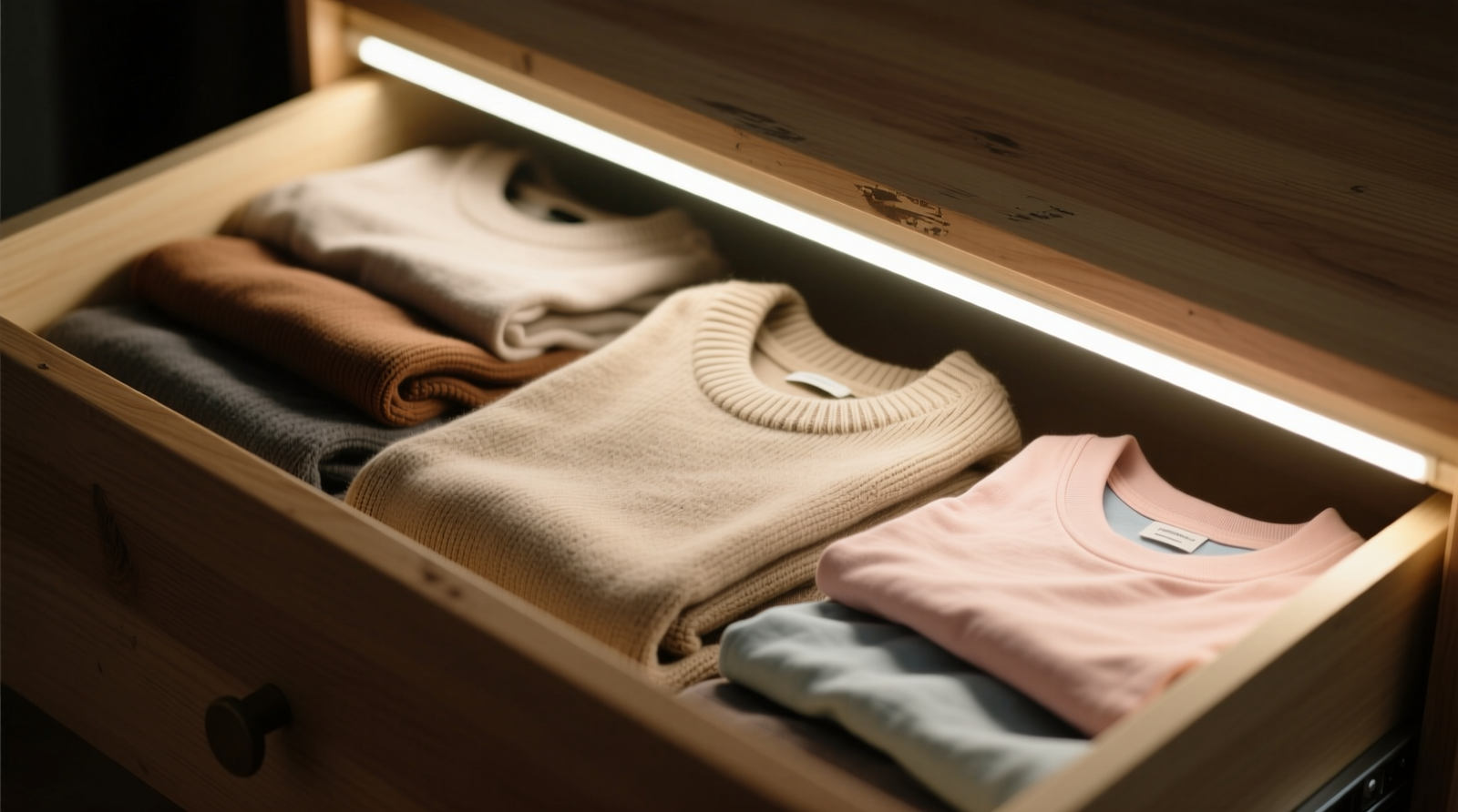 Close-up of a soft-glowing LED strip mounted inside an open dresser drawer, illuminating neatly folded sweaters and t-shirts with zero harsh shadows or glare