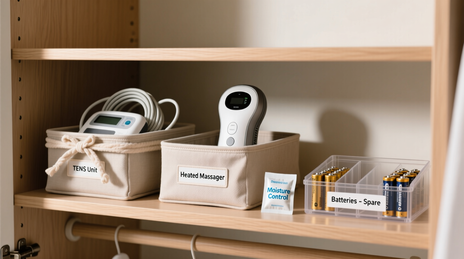 A well-organized closet shelf showing three labeled fabric bins: one holding a TENS unit with neatly coiled cord secured by a soft fabric tie, another with a heated massager upright beside a small desiccant pack, and a third containing spare batteries in a clear, labeled organizer. All bins sit on open wooden shelving with visible airflow space above and below.