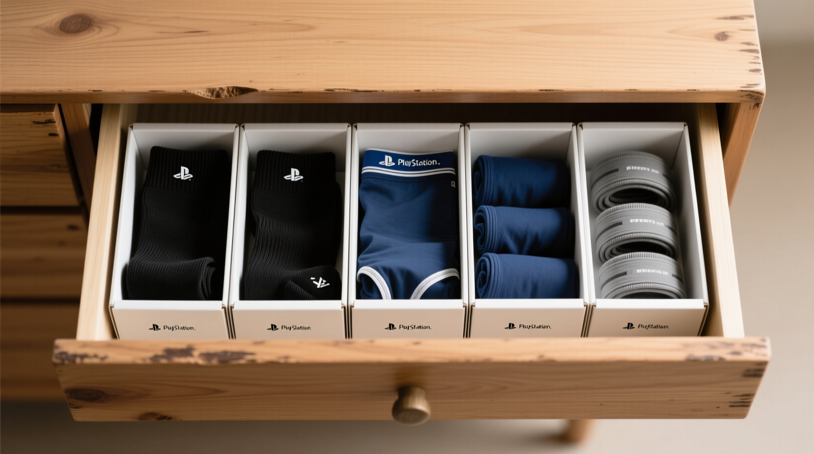Top-down view of a wooden dresser drawer containing five neatly arranged, matte-white repurposed PlayStation 5 box dividers, each holding rolled black athletic socks, navy underwear, and gray wristbands—clean lines, no visible tape or glue