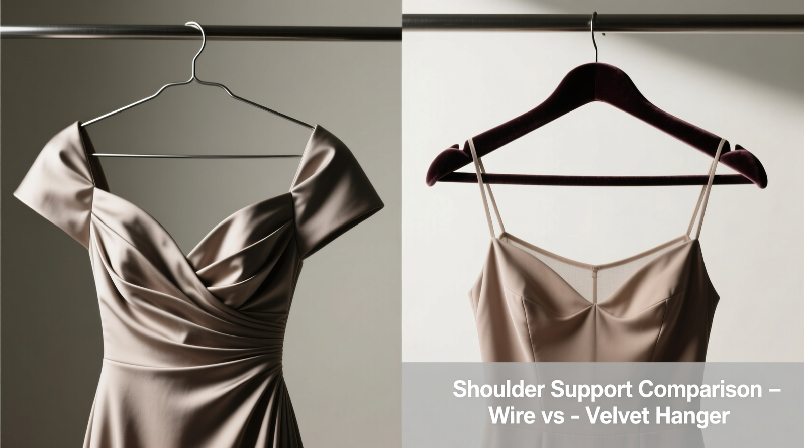 Side-by-side comparison: left shows a formal gown with pronounced shoulder dimples from wire hanger use; right shows identical gown hung on wide velvet hanger with muslin slip, shoulders smooth and symmetrical