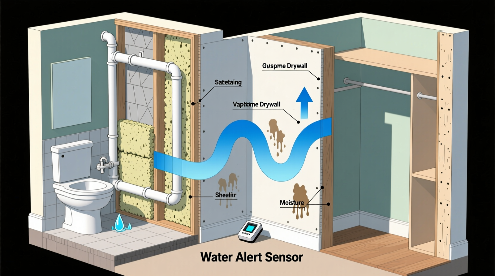 Side-by-side cross-section showing moisture migration path from bathroom plumbing through shared wall cavity into closet drywall, with water detector placed at baseboard level