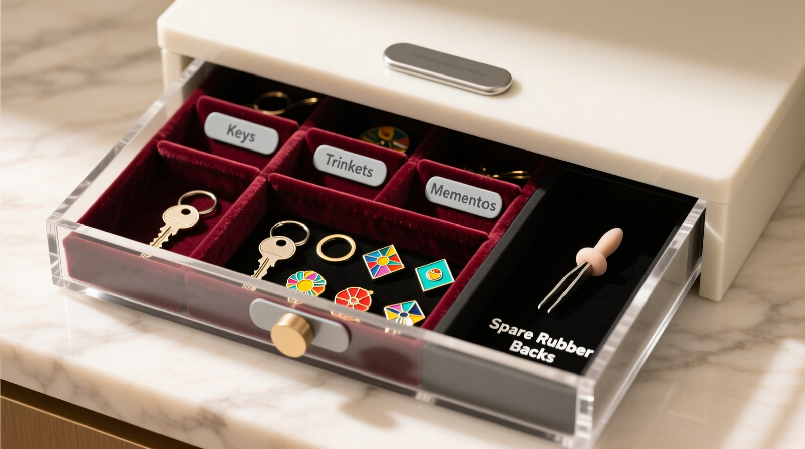 Overhead photo of three vertically stacked acrylic shadow boxes mounted on a closet shelf: left box holds enamel pins arranged in thematic rows on black foam-core; center box displays anime keychains hanging from matte silicone hooks; right box contains labeled compartments of spare butterfly clutches, rubber backs, and replacement chains. All units have anti-tip brackets secured to shelf framing.
