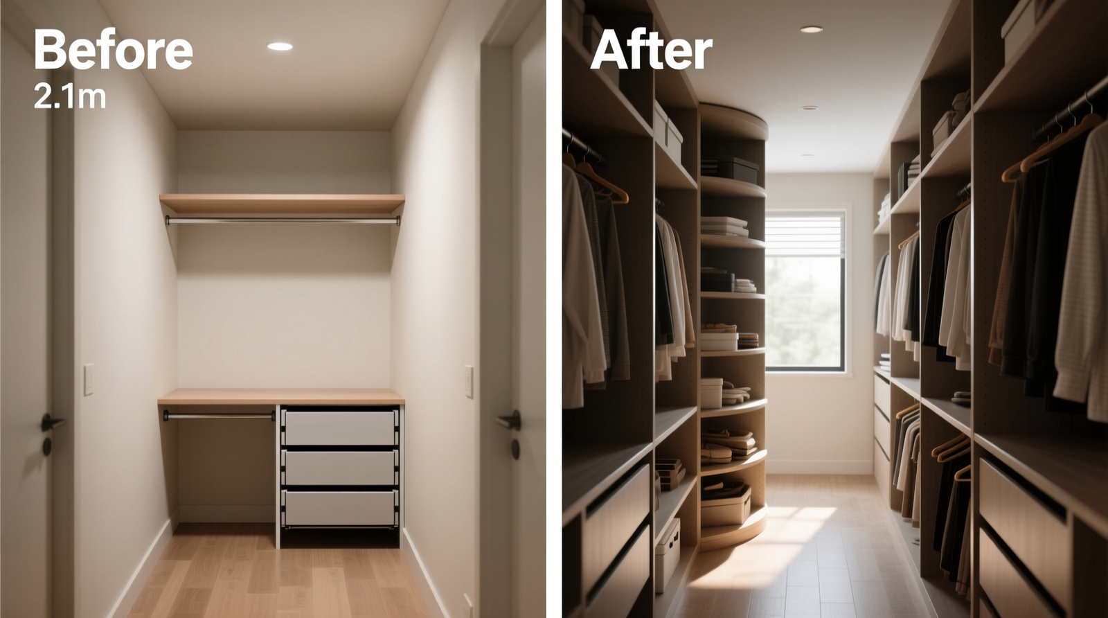Side-by-side comparison showing a low-ceiling closet with a single fixed shelf and slide-out bins versus one with a bulky rotating shelf unit blocking hanging space and protruding into the walkway