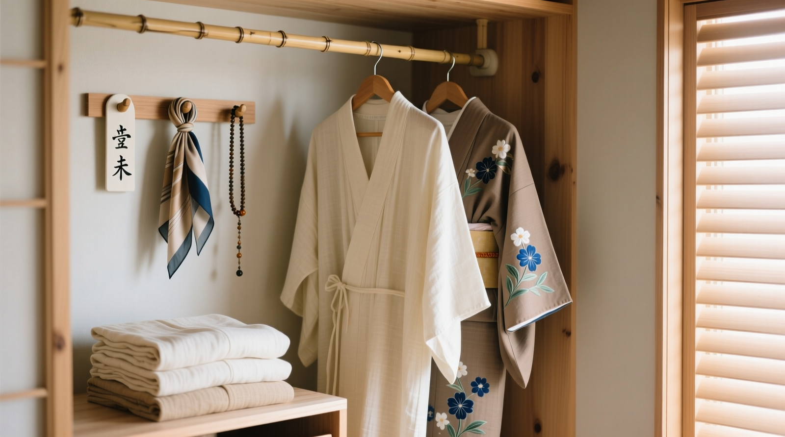 A minimalist cedar-lined closet section showing vertically folded linen tunics, hanging hand-embroidered kimonos on bamboo hangers, and ceramic-labeled pegs holding silk scarves and beaded belts—each item visibly distinct, airy, and accessible