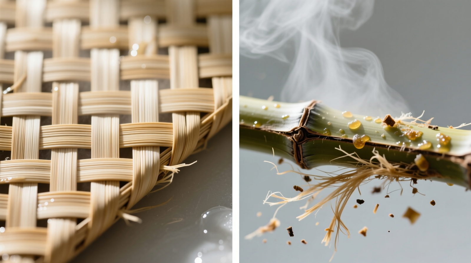 Side-by-side macro photos: left shows intact bamboo weave with crisp grain definition after vinegar-mist cleaning; right shows frayed, lifted fibers and hazy adhesive bloom after steam exposure