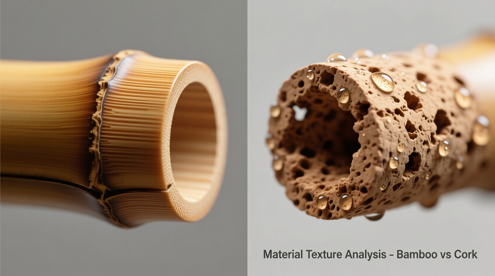 Side-by-side macro photography of bamboo grip surface showing tight, uniform grain versus cork grip revealing open, irregular pores filled with faint moisture residue