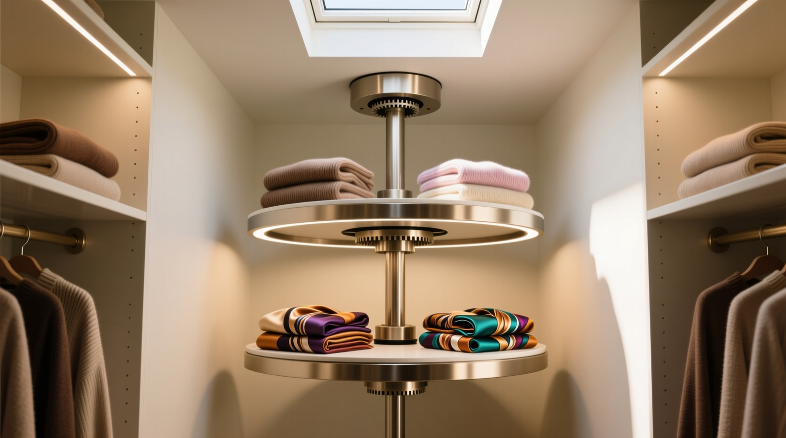 Ceiling-mounted rotating carousel installed in a narrow, light-filled closet with 10-foot ceilings, showing two rotating tiers holding folded sweaters and scarves, with clean sightlines and no floor obstruction