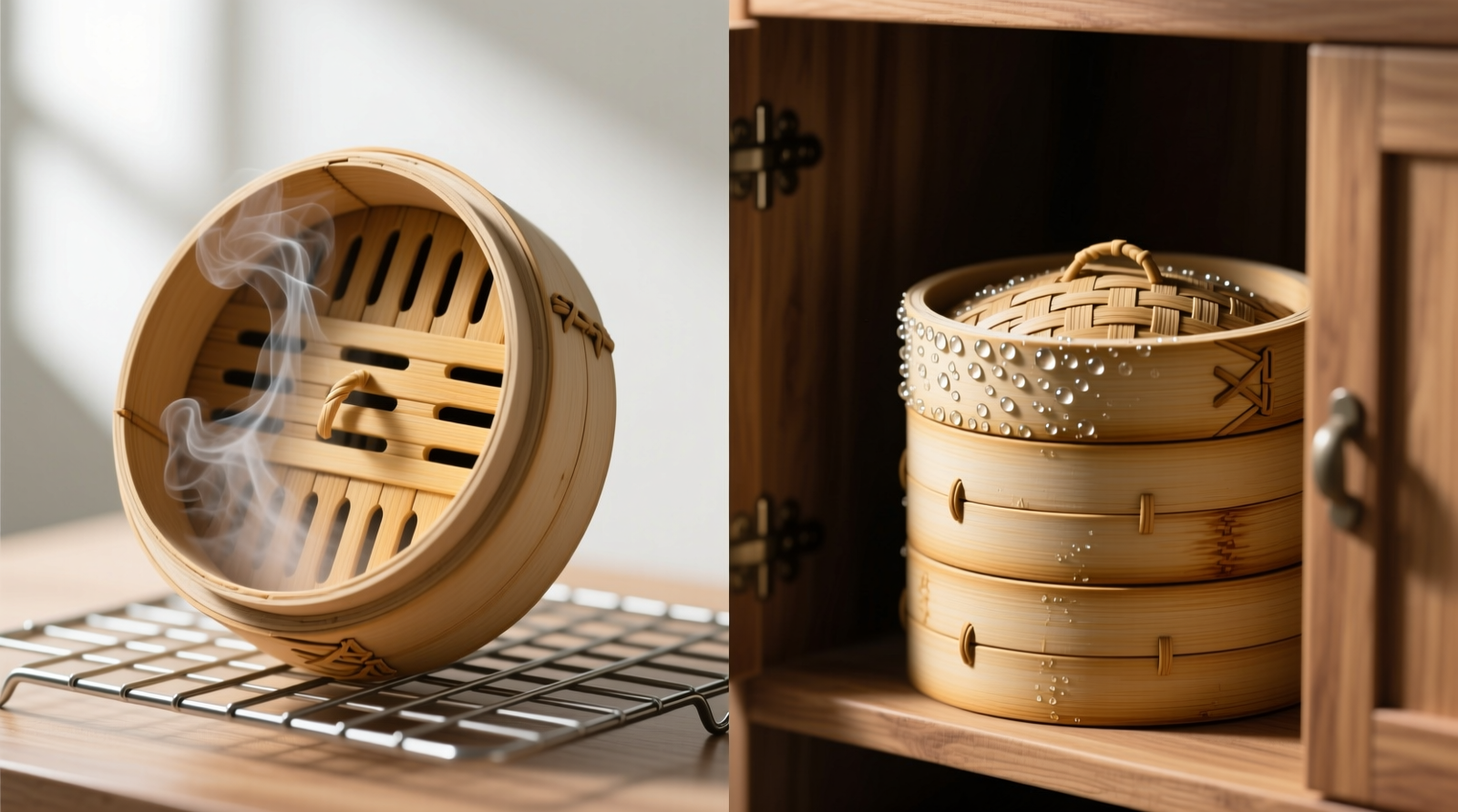 Side-by-side comparison: left shows a bamboo steamer correctly inverted on an open wire rack with airflow visible beneath all surfaces; right shows same steamer stacked inside a closed wooden cabinet with condensation beads visible along inner rim