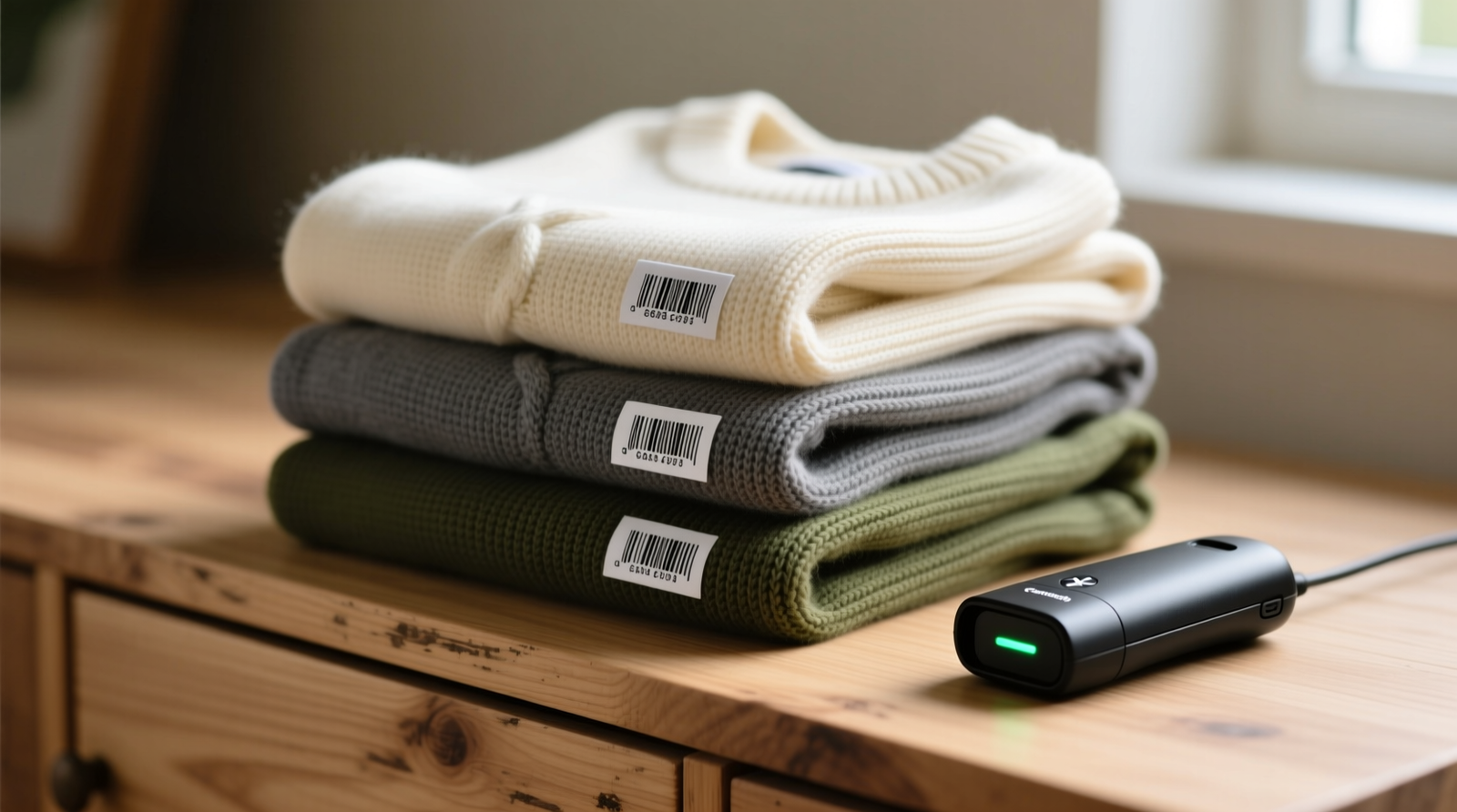 Close-up of a neatly folded stack of sweaters, each with a small, matte-finish barcode sticker visible near the care label seam; a compact Bluetooth scanner rests beside them on a wooden dresser