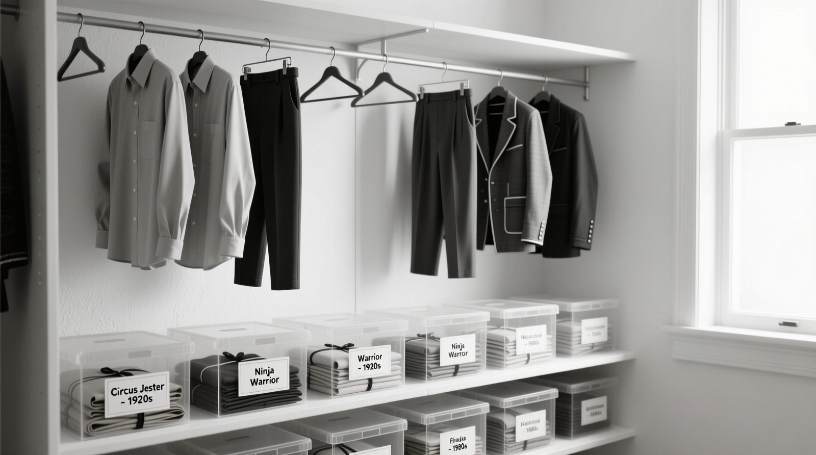 A clean, light-filled closet with labeled, flat-folded costume bundles in translucent, archival-grade boxes on a dedicated lower shelf; upper section shows slim hangers with monochrome daily wear; no visible wires, hooks, or decorative distractions