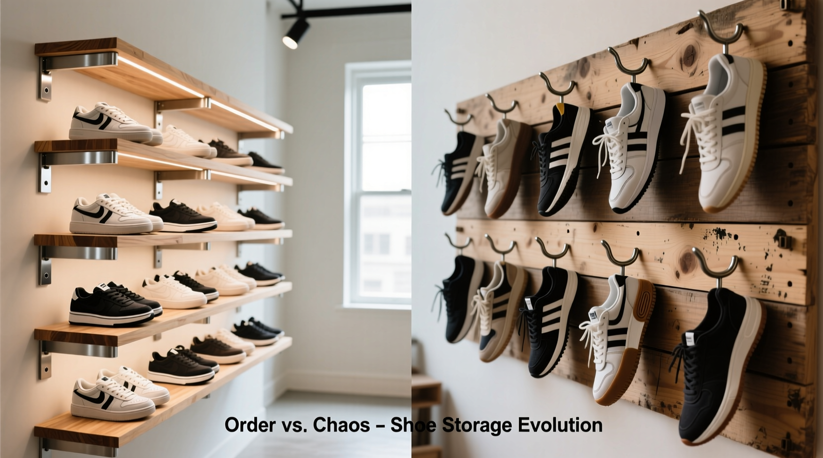 Side-by-side comparison: left shows neatly stacked sneakers on adjustable wooden shelves mounted with L-brackets; right shows unevenly hung sneakers on a worn pegboard with bent hooks and visible scuff marks on soles