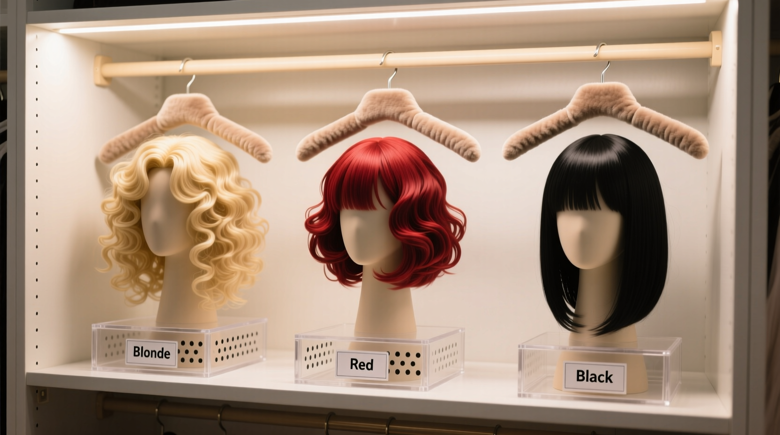Three cosplay wigs hanging vertically on padded wig hangers inside clear acrylic boxes with perforated lids; each box sits on a labeled closet shelf, with soft LED lighting highlighting defined curls and zero visible dust