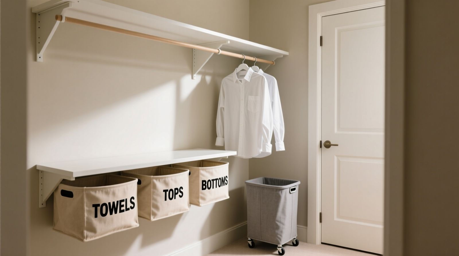 A narrow reach-in closet with a white fold-down shelf mounted at 30 inches, beneath which sit three shallow, labeled canvas bins (TOWELS, TOPS, BOTTOMS); a compact rolling hamper rests beside the door, and a slim tension rod hangs just inside the doorframe with two crisp cotton shirts on hangers.