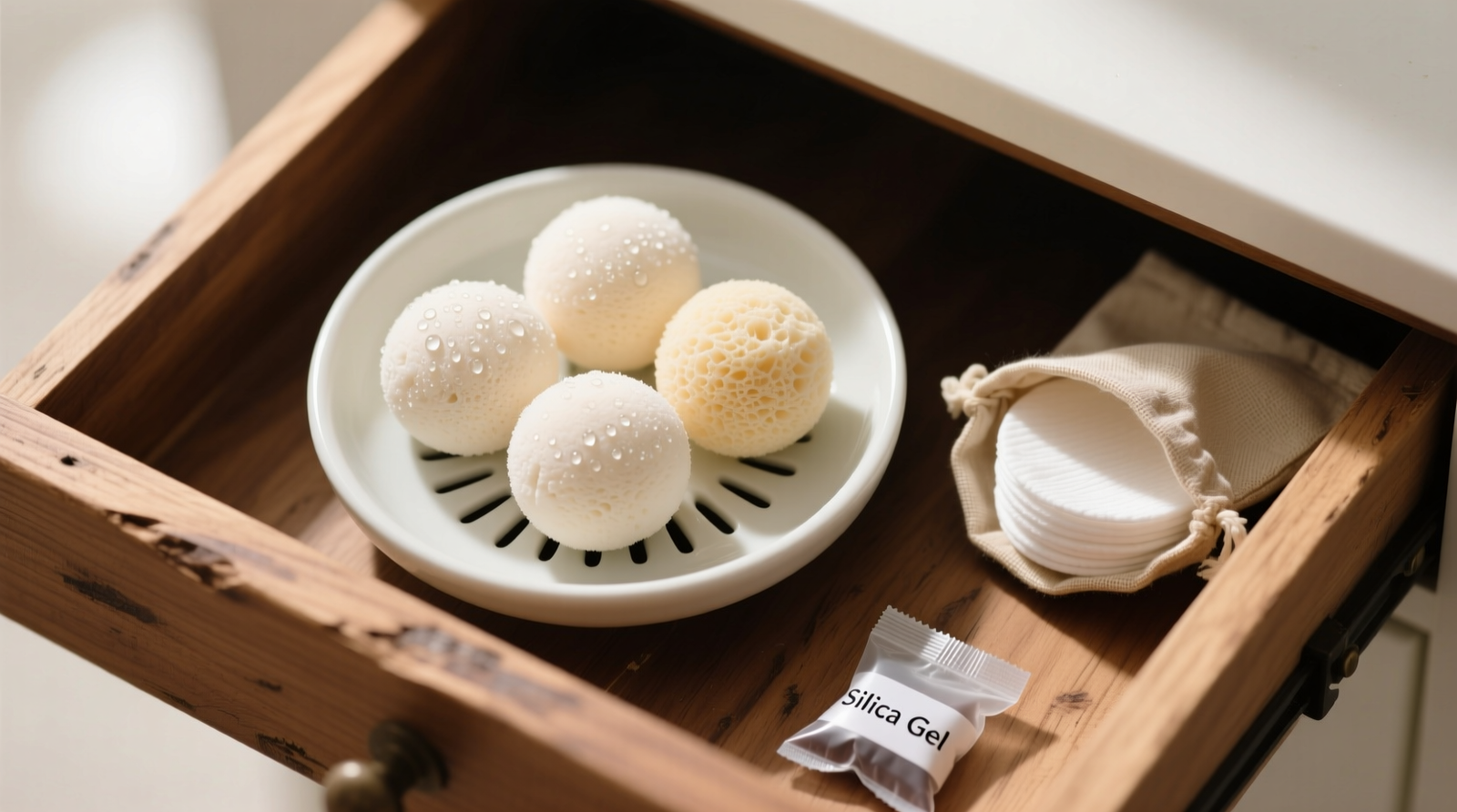 Top-down photo of a shallow white ceramic dish with slotted base holding three damp-dry beauty sponges, beside a small beige linen pouch containing folded reusable cotton rounds, all placed inside an open wooden drawer lined with a reusable silica gel pack