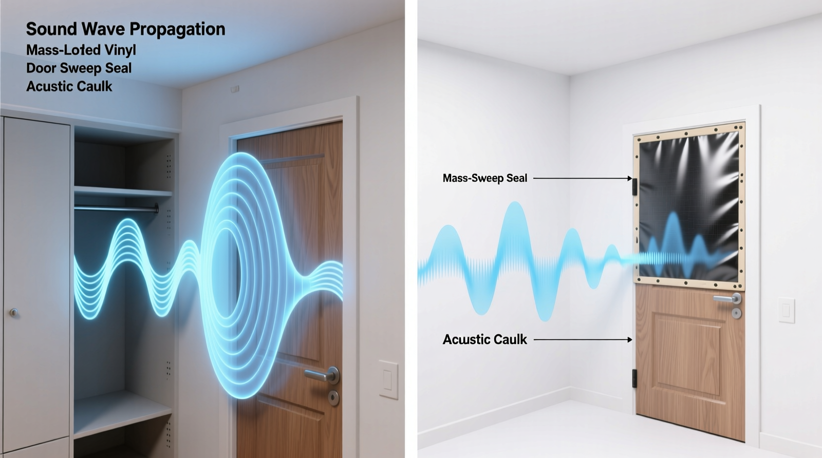 Side-by-side comparison showing sound wave paths leaking through a closet door gap and ceiling junction versus blocked paths using mass-loaded vinyl, sealed door sweep, and acoustic caulk