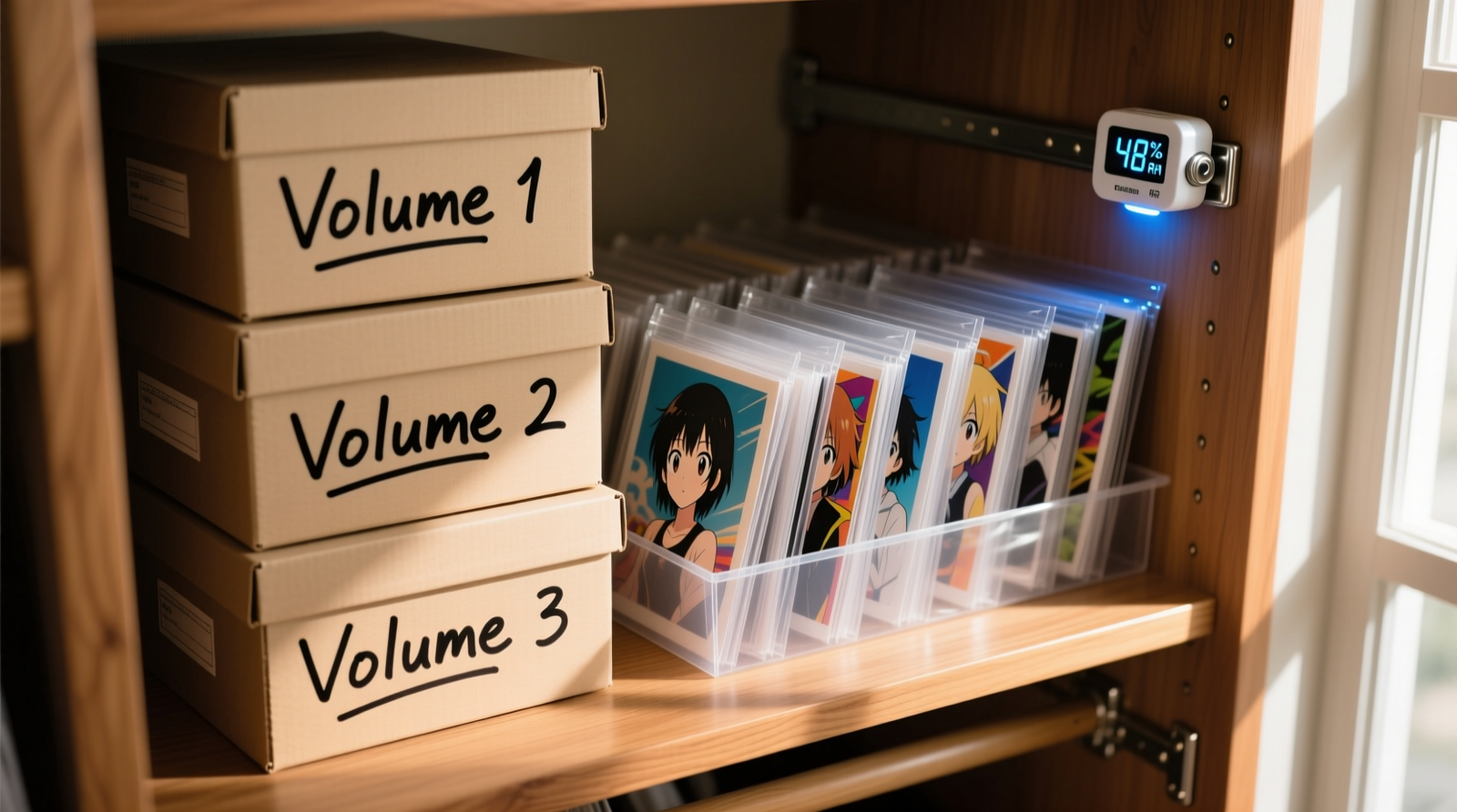 Side-view diagram showing a labeled archival box standing upright on a closet shelf, containing a neatly aligned stack of anime prints sandwiched between rigid chipboard sheets and translucent glassine interleaves