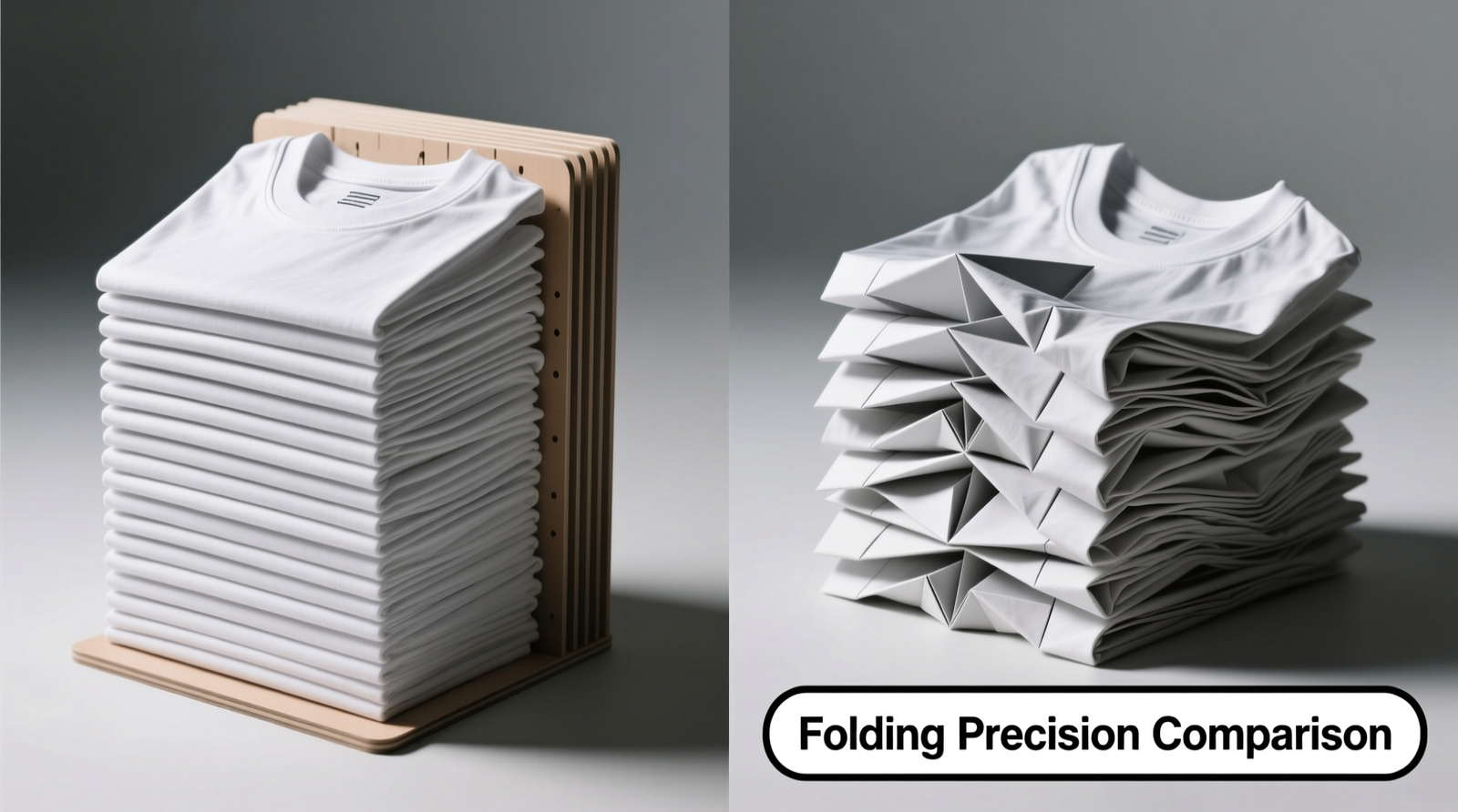 Side-by-side comparison: left shows uniform, vertically aligned t-shirt stacks using a rigid folding board; right shows slightly tapered, uneven origami-folded stacks with visible seam distortion and top-layer shifting