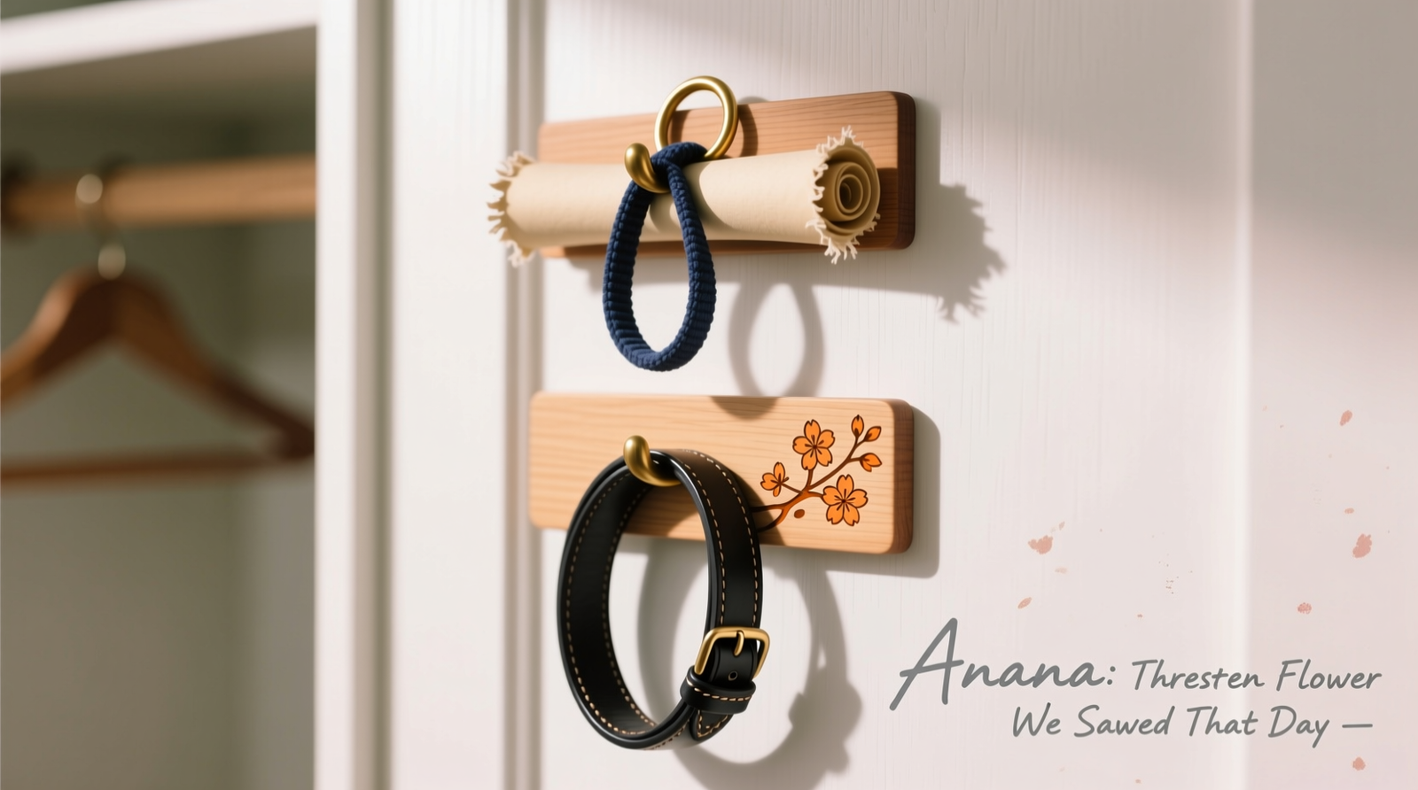 Close-up of a white interior closet door with two vintage anime scroll holders mounted vertically: one holding a navy nylon leash looped through its top ring, the other displaying a black leather collar draped over its lower curved ring; subtle cherry blossom motif visible on the holder’s wooden frame