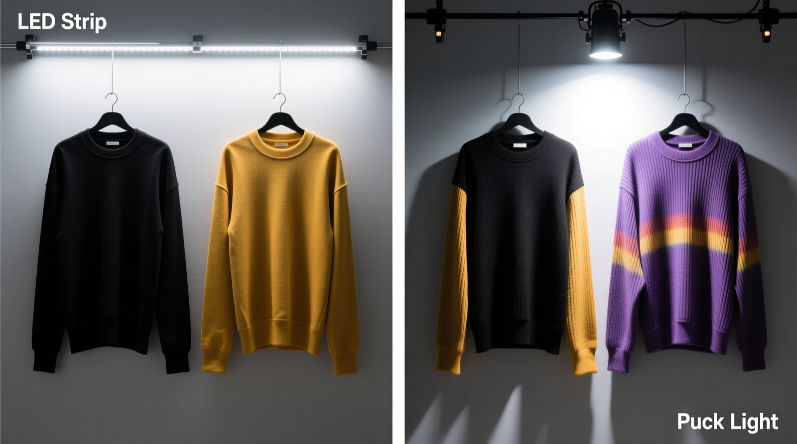 Side-by-side comparison showing identical black, mustard, and lavender garments under 5700K LED strip lighting (even, soft glow) versus 5700K puck lighting (harsh spot highlights and visible color banding on fabric texture)