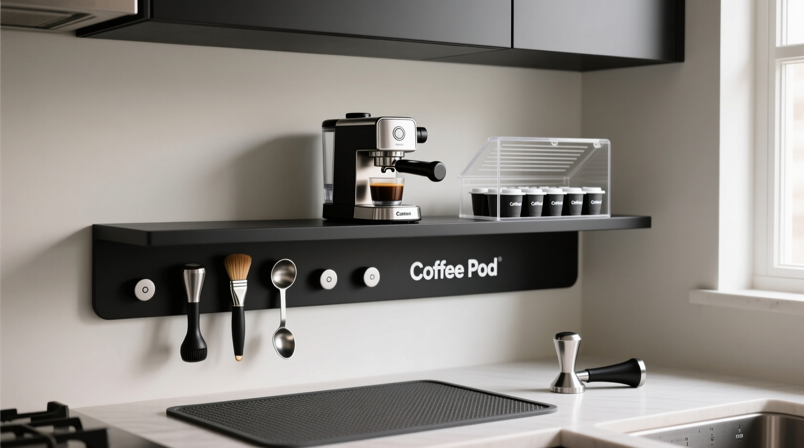 A minimalist closet shelf showing a portable espresso maker centered on a matte-black floating shelf, with magnetic barista tools aligned below, silicone mat visible beneath, and a small ventilated acrylic cover partially lifted to reveal tidy rows of sealed cleaning pods and calibrated tamper