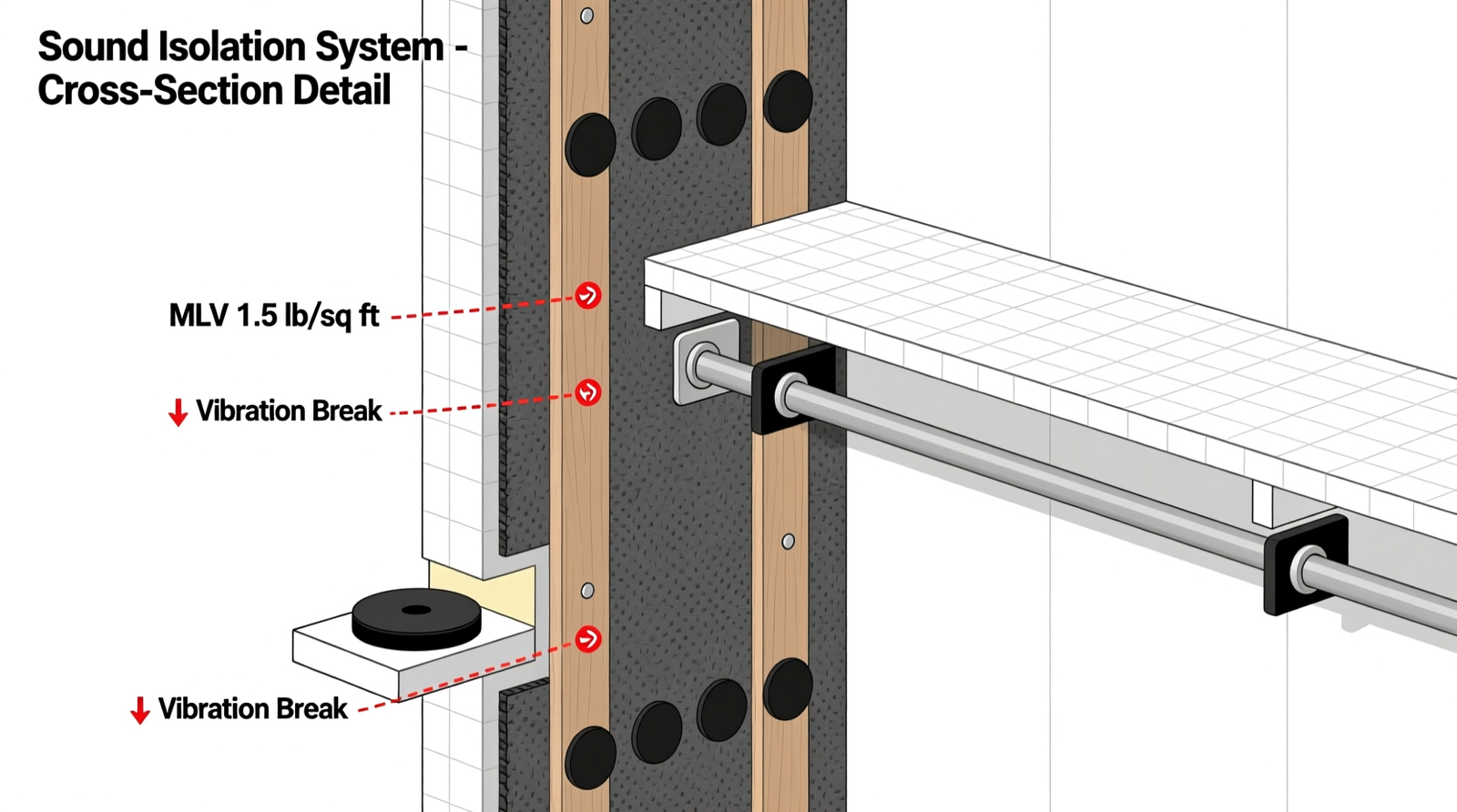 Cross-section diagram showing mass-loaded vinyl layer installed behind drywall, rubber isolation pads beneath shelf brackets, and decoupled closet rod mounted on staggered furring strips—clearly illustrating energy interruption points