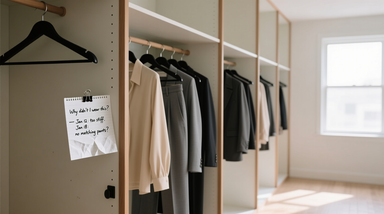 A minimalist closet with uniform hangers, grouped by category and color, featuring a small notepad clipped to the door labeled 'Why didn’t I wear this? — Jan 12: too stiff. Jan 18: no matching pants.'