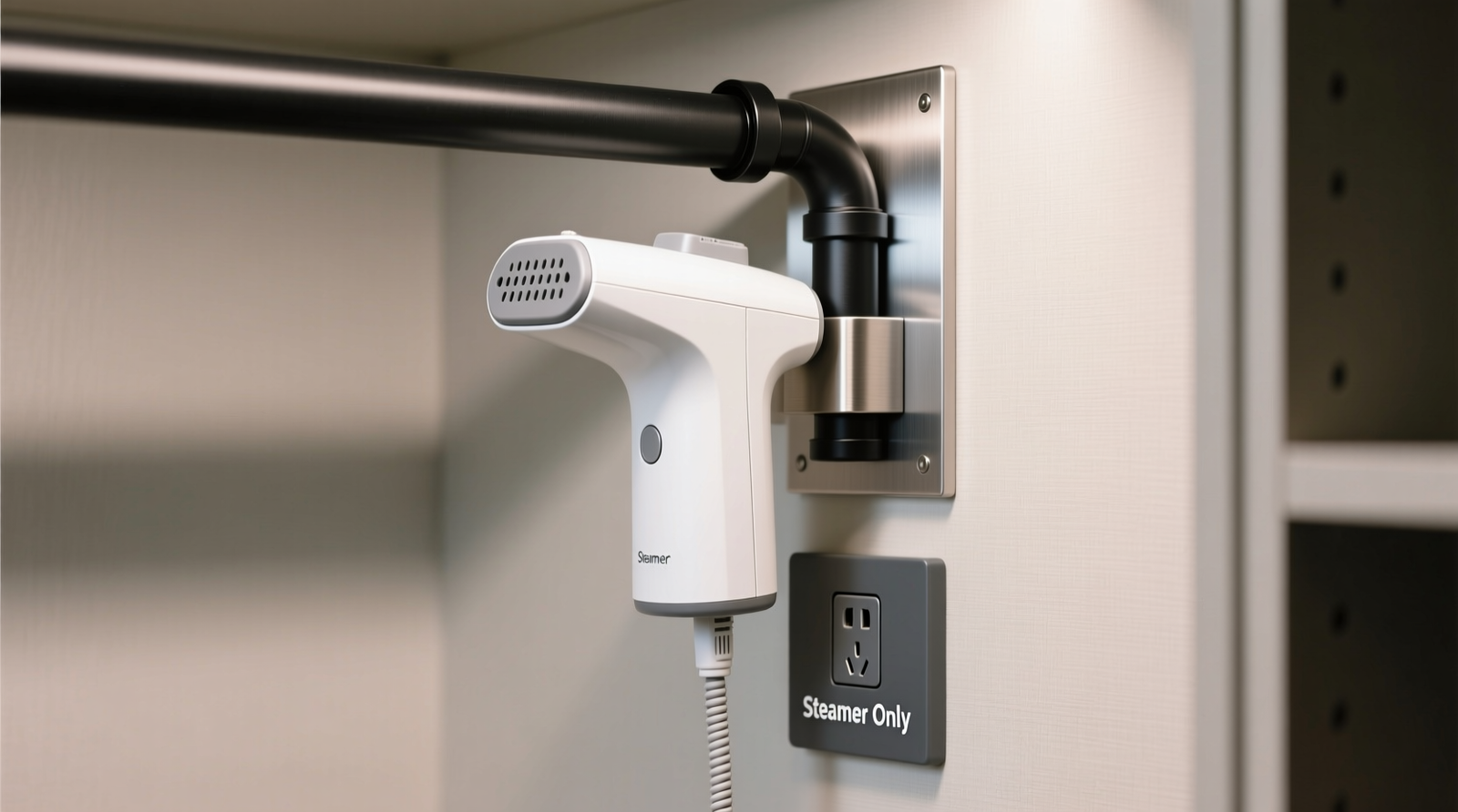 Close-up of a stainless steel L-bracket mounted vertically on a closet's rear plywood wall, holding a white portable garment steamer 14 inches above the shelf; a black braided power cord runs straight down the wall into a labeled cable clip, then disappears into a breathable gray mesh pouch mounted 6 inches below; no visible outlets or exposed wiring inside the closet.