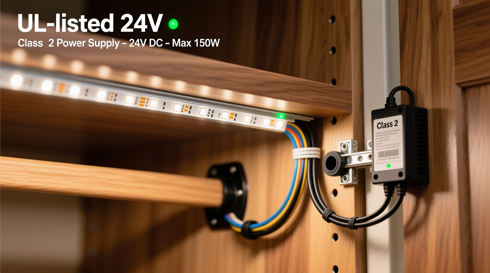 Close-up photo showing UL-listed 24V LED strip mounted inside an aluminum channel along the front edge of a wooden closet shelf, with clean wire routing through a rubber grommet in the shelf’s rear support panel and a labeled Class 2 power supply mounted externally on the closet door frame.