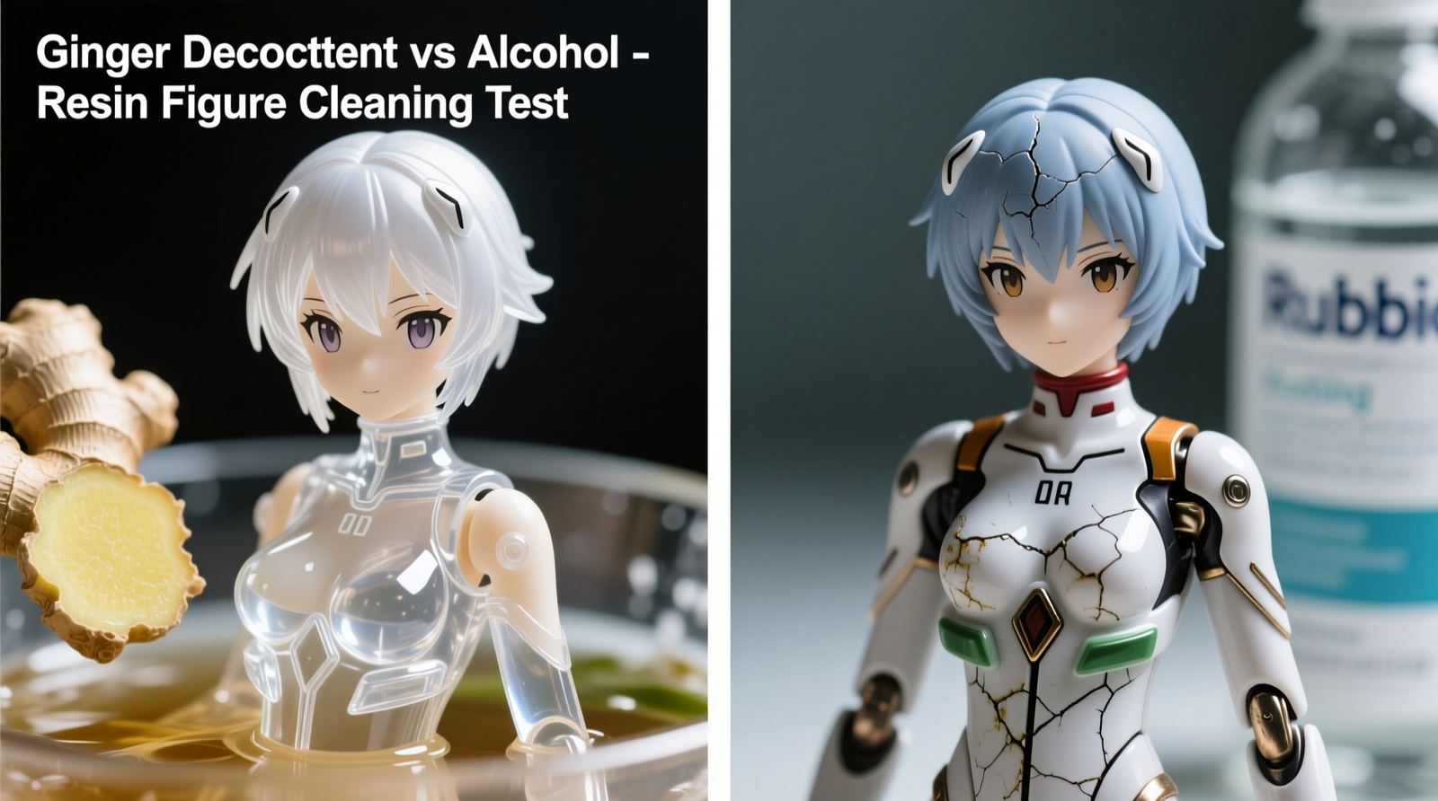 Side-by-side macro photography: left panel shows a resin anime figure cleaned with ginger decoction ultrasonic method—crisp paint lines, no haze, reflective clarity; right panel shows same figure cleaned with rubbing alcohol—visible micro-cracks along seam lines and dulled metallic accents.