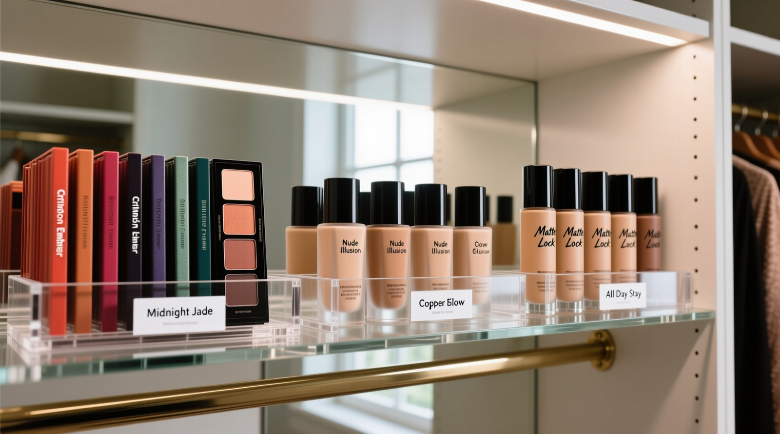 Close-up of a manually rotated acrylic vanity shelf mounted inside a walk-in closet, showing three zones: eyeshadows on left, foundations centered, and setting sprays on right—each item upright, labeled, and spaced for fingertip access
