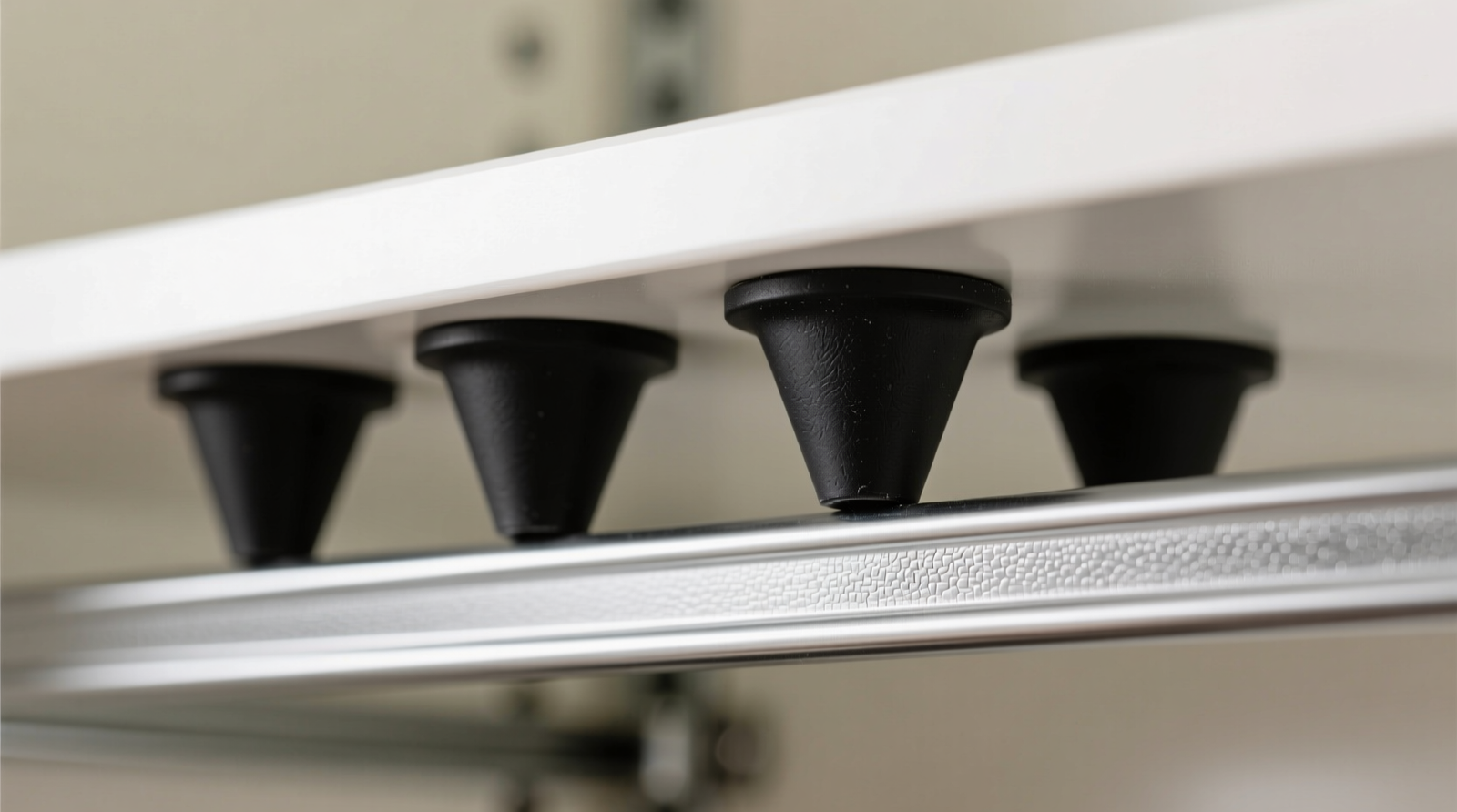 Close-up photo showing four black tapered rubber bumpers installed on the underside of a white melamine closet shelf: two aligned at the front corners, two inset 1 inch from the rear edge, all making firm contact with the metal closet rail below.
