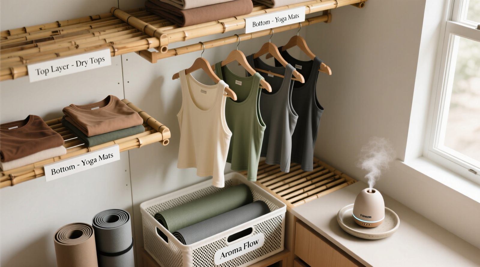 Overhead view of a well-organized closet with labeled bamboo shelves, hanging space for dry workout tops, a ventilated mesh bin for yoga mats, and a small ultrasonic diffuser elevated on a ceramic tray beside open ventilation slats