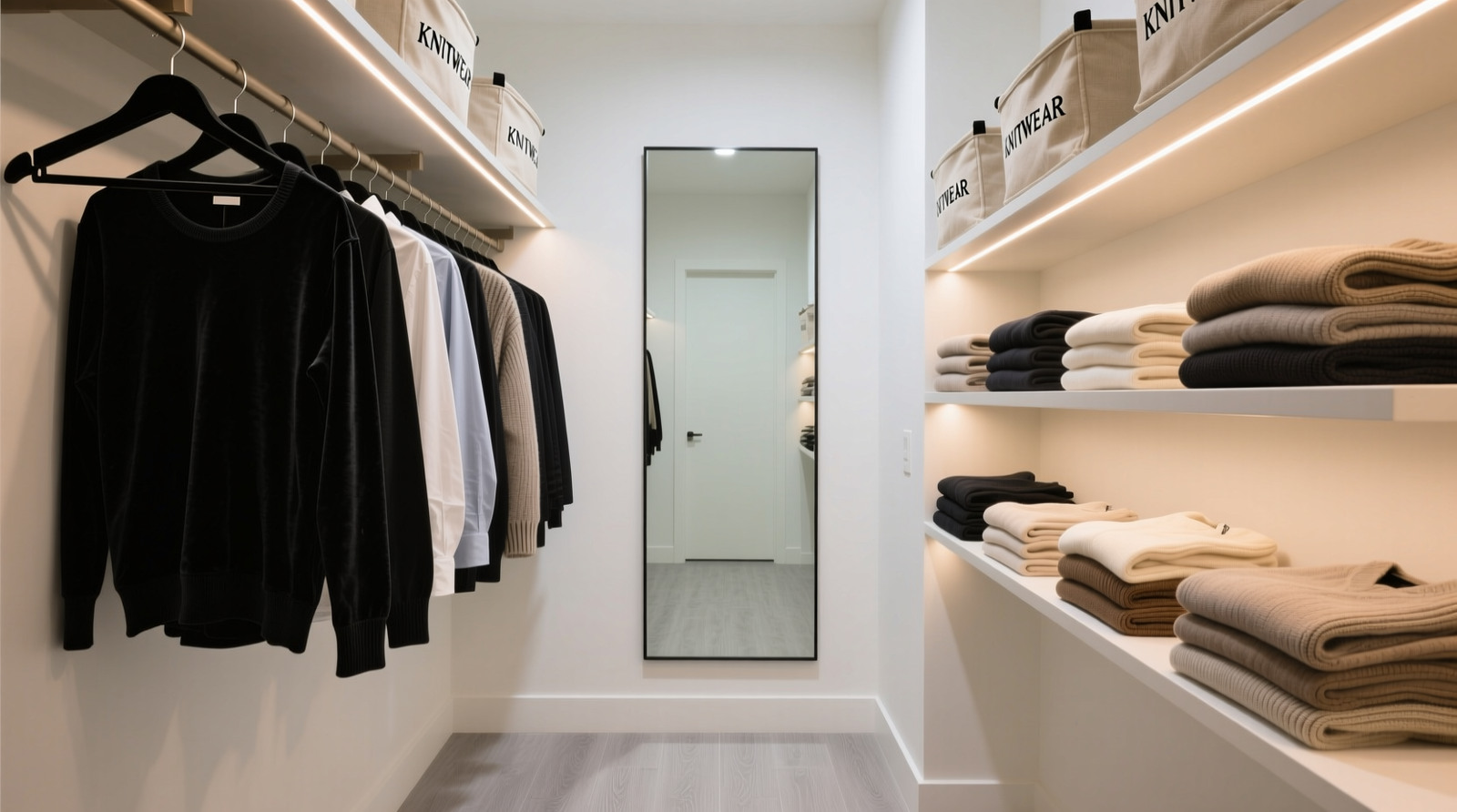 A narrow 42-inch-wide reach-in closet with a seamless, frameless mirror installed on the back wall, showing clear vertical zones: slim velvet hangers for shirts, labeled canvas bins for knitwear, and open shelving with uniform folded stacks—all lit by warm LED strips beneath each shelf