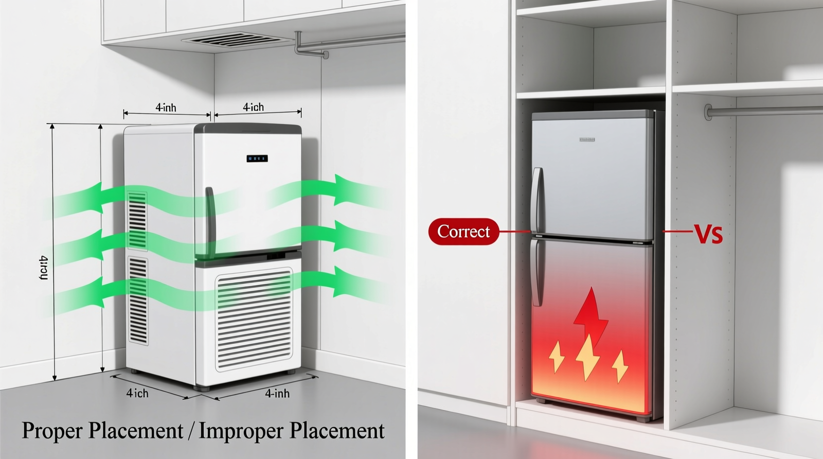 Side-by-side diagram showing proper skincare fridge placement in a closet: unit on floor with 4-inch rear/side clearance, louvered door, and small passive vent near ceiling; contrasted with improper setup—unit wedged into shelf nook with zero clearance and solid door closed