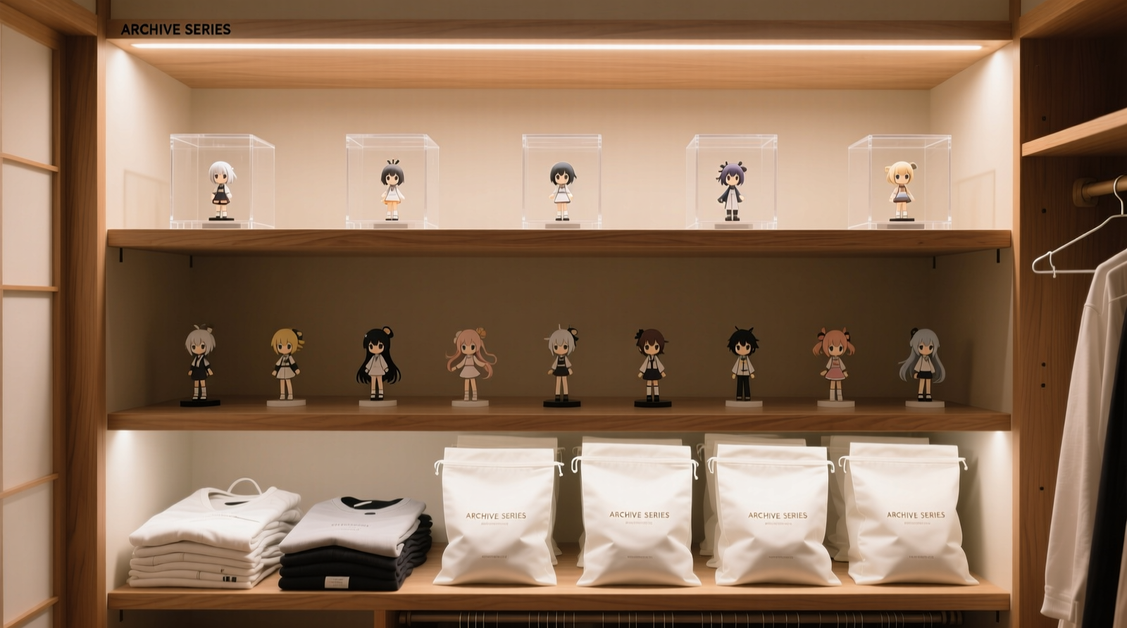 A well-organized closet showing clear acrylic display cases on top shelves, staggered wooden shelves with softly lit anime figures at mid-height, and neatly folded merch in off-white archival garment bags on lower shelves—no visible wire hangers, no stacked boxes, no exposed plastic wrap.