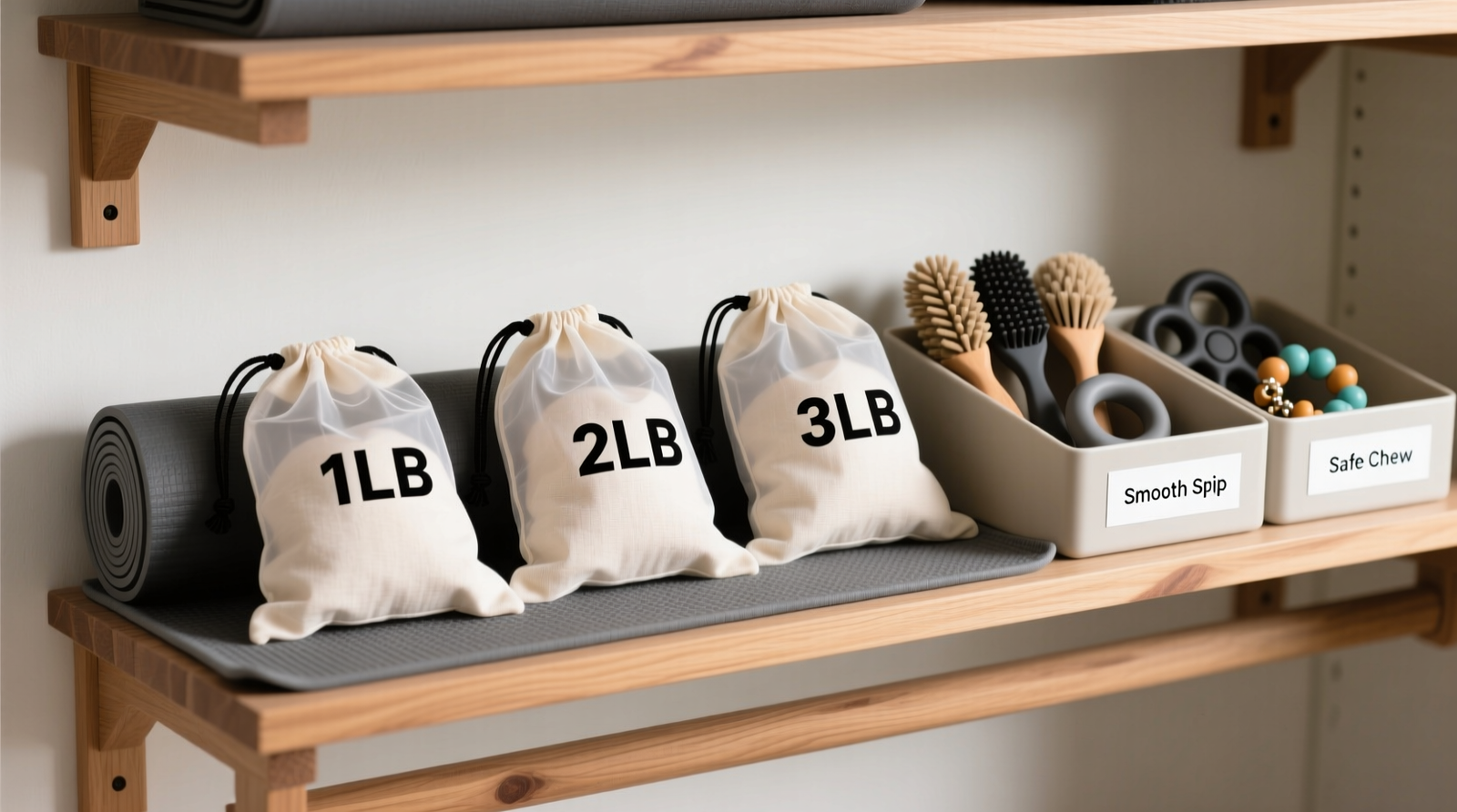 A well-organized closet lower shelf showing three weighted lap pads lying flat inside labeled cotton drawstring bags, placed on a non-slip liner atop a wall-anchored wooden shelf; adjacent shallow bins hold textured brushes, fidget rings, and chewable jewelry—all clearly labeled and spaced with 2-inch gaps