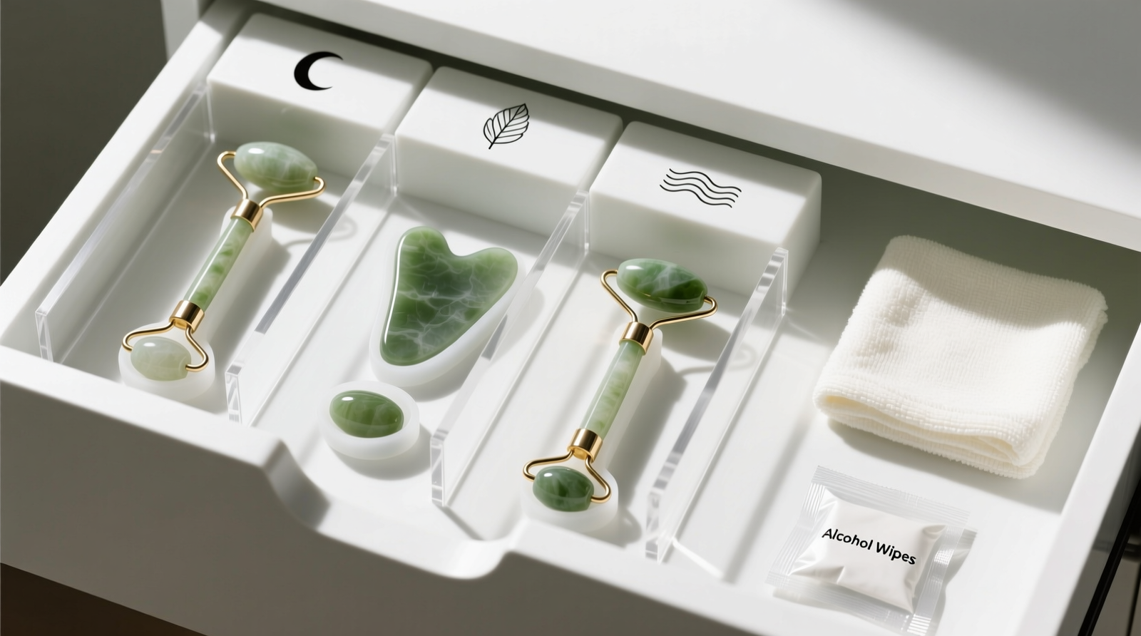 Overhead view of a white minimalist drawer with clear acrylic vertical dividers, each holding one jade roller upright in a silicone cradle; small engraved icons mark each slot—moon for gua sha, leaf for jade roller, wave for facial roller. A folded microfiber cloth and sealed alcohol wipe pouch sit neatly to the right.