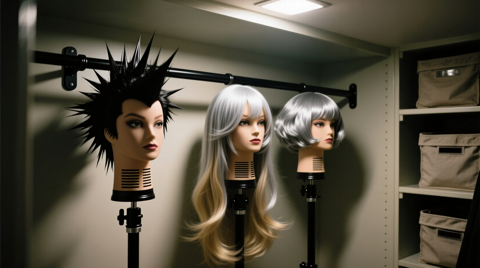 Three ventilated wig stands arranged vertically in a closet, each holding a different styled cosplay wig—blonde shag, neon twin tails, and silver bob—under soft LED lighting; stands spaced 15 cm apart with cotton covers partially draped, background showing labeled shelf dividers and hygrometer reading 47% RH