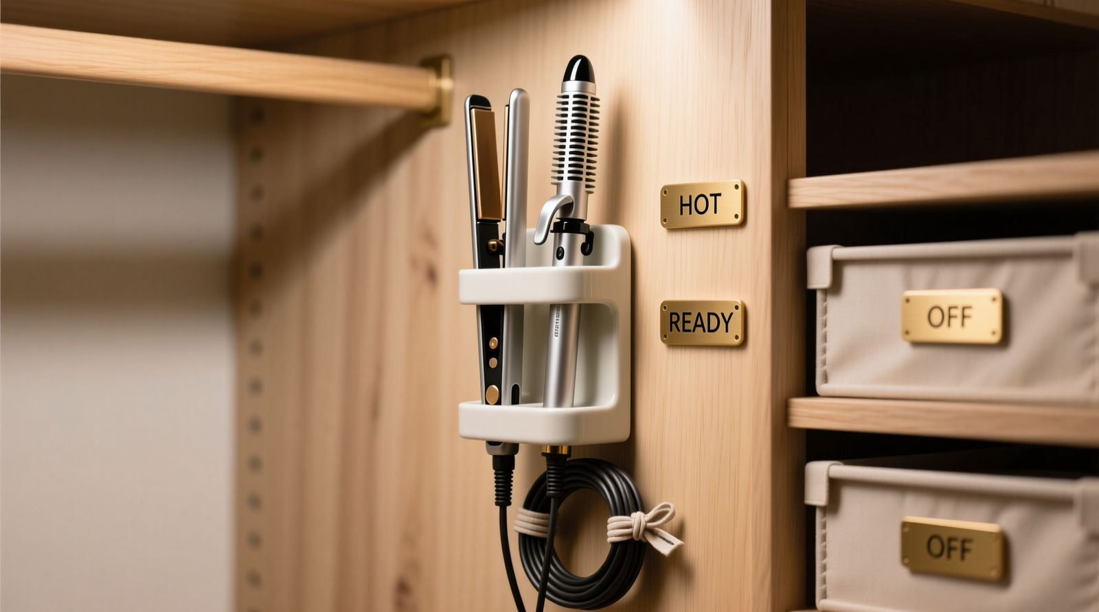Close-up of a well-organized closet section showing a ceramic vertical holder mounted on pale wood paneling, holding a flat iron and curling wand upright with visible airflow gaps; cords neatly coiled and secured below, adjacent labeled zones marked with subtle brass tags: 'HOT', 'READY', 'OFF'