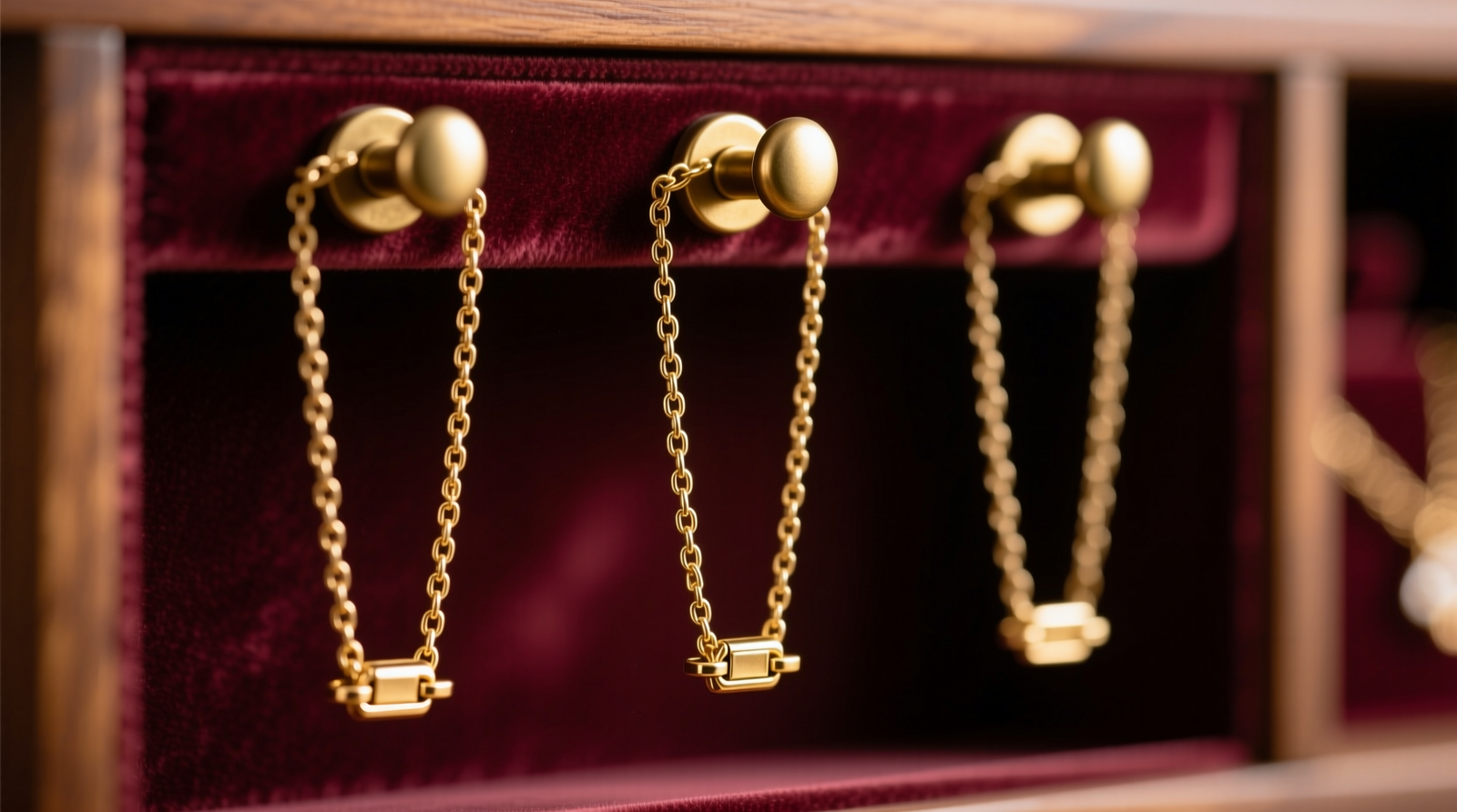 Close-up of three delicate gold chains hanging separately on a velvet-lined wooden organizer with wide-set, rounded brass hooks—each chain fully extended, clasp resting just below the hook, no contact between pieces