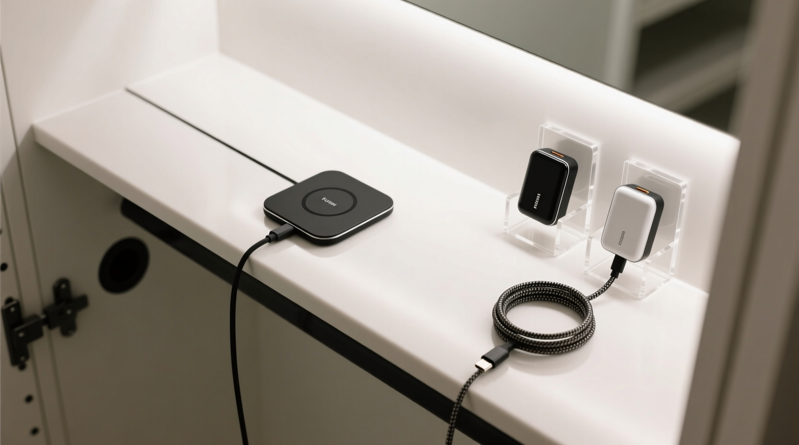 Cross-section diagram showing a wooden closet nightstand with a flush-mounted wireless charging pad beneath the top surface, a black-felt-lined access hole centered above it, and two slim portable chargers held vertically in a clear acrylic sleeve attached to the interior left side panel; a single braided USB-C cable exits through a rubber grommet into the wall behind.