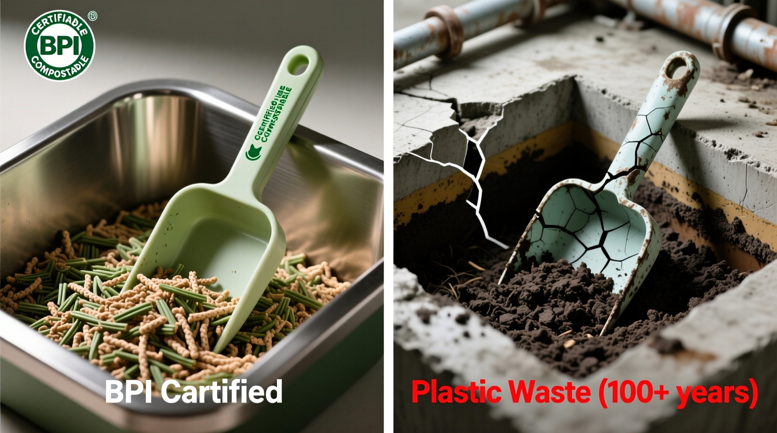 Side-by-side visual: left shows a certified BPI compostable cat litter scoop beside pine-based litter in a stainless-steel litter box; right shows a cracked plastic scoop partially buried in compacted clay litter inside a simulated septic tank cross-section