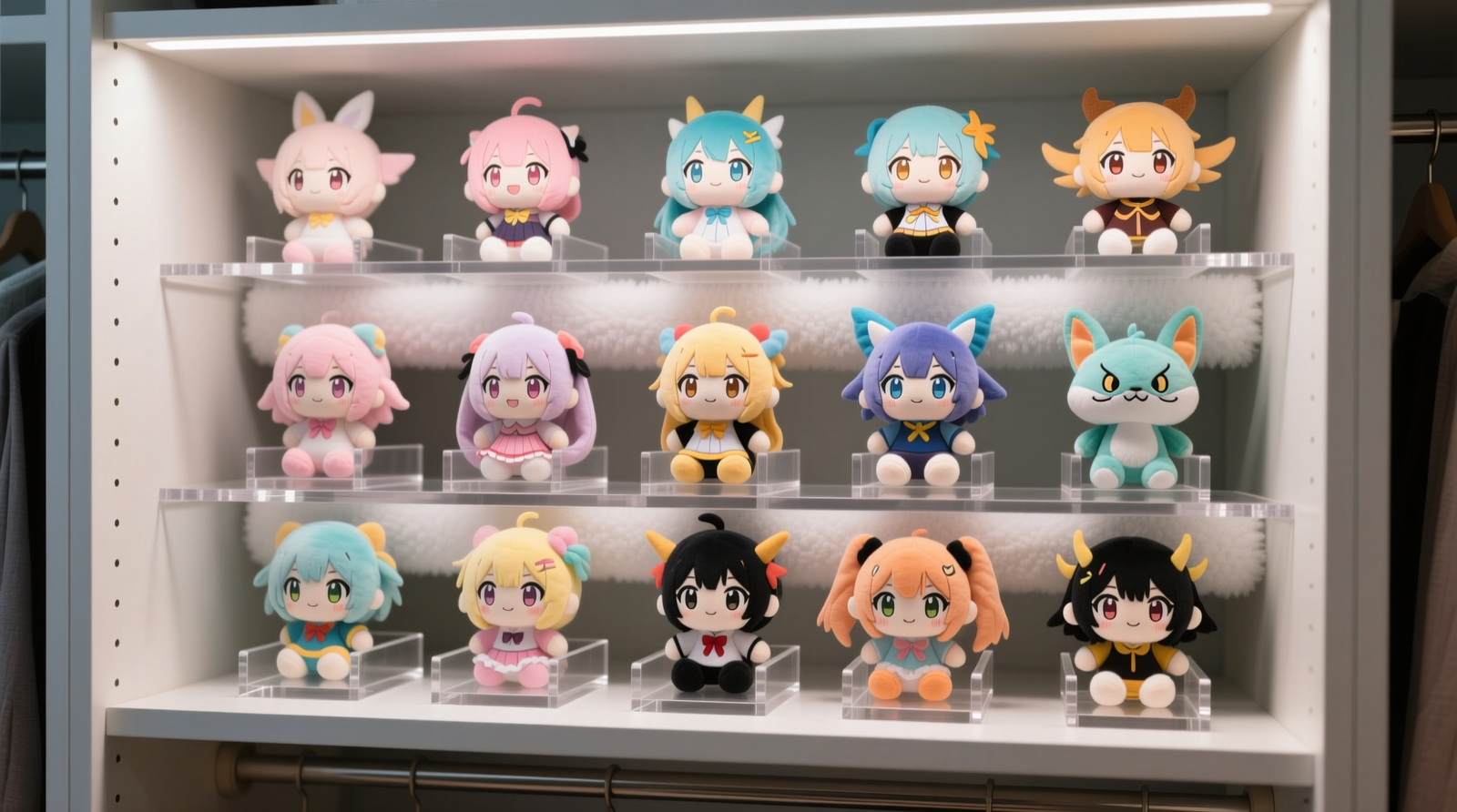 Three-tier closet shelf showing anime plushies angled forward on clear acrylic risers, each with microfiber-covered foam backing; plushies maintain full dimensionality, no overlapping, consistent 1.5-inch spacing between figures