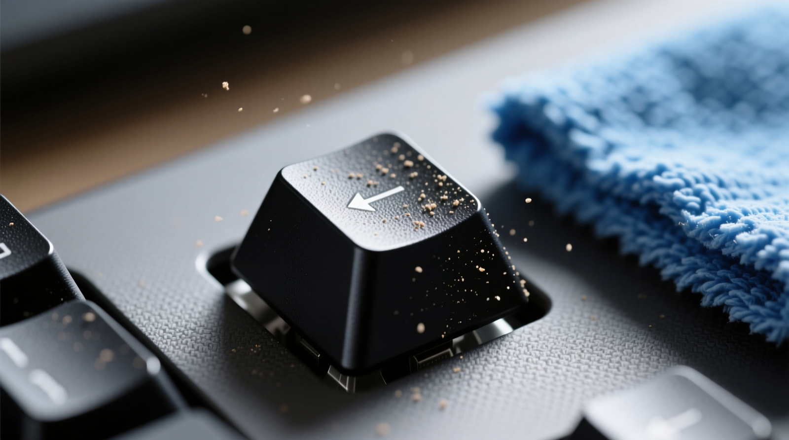 Close-up macro photograph showing a matte black mechanical keyboard keycap under angled light, with visible dust particles resting on the textured surface—but no smudges, streaks, or shine—next to a folded blue microfiber cloth resting on a neutral gray mat