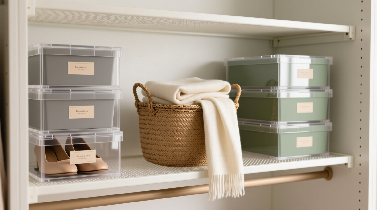A well-organized closet shelf showing staggered clear acrylic shoe boxes with soft matte labels, interspersed with a single woven seagrass basket and a folded ivory linen scarf—mesh shelves used only as base support, not primary storage