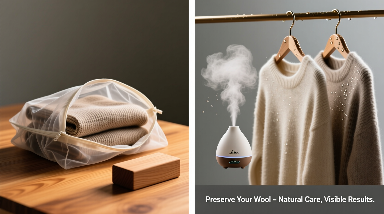 Side-by-side comparison: left shows wool sweater folded neatly inside a breathable cotton garment bag with a sanded cedar block resting beside it; right shows an ultrasonic diffuser misting near hanging wool sweaters, with visible condensation on hanger hooks and faint dust accumulation on fabric surface