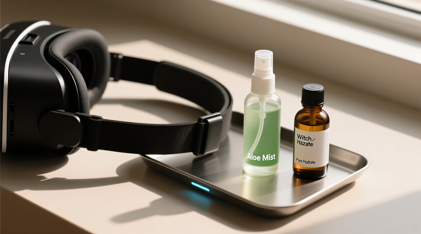 Side-by-side visual showing a VR headset strap being evenly misted with colloidal silver spray, followed by precise positioning under a shielded UV-C lamp emitting a faint violet glow, with distance marker and timer display visible