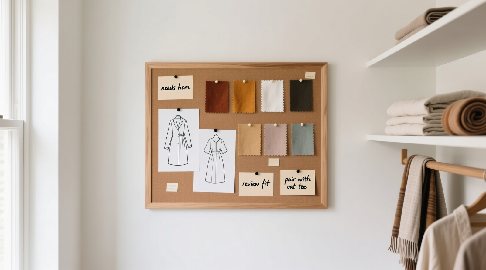 A minimalist, well-lit closet with a 12-inch-by-16-inch corkboard mounted beside it, displaying pinned garment photos, fabric swatches in seasonal palettes, and handwritten notes like 'needs hem' and 'pair with oat tee'