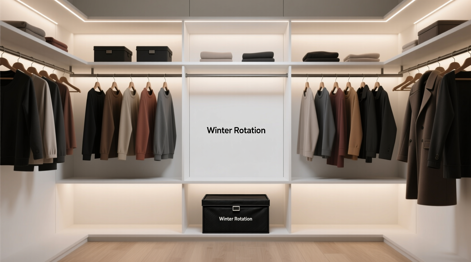A minimalist closet with evenly spaced, color-ordered hangers, soft LED lighting illuminating three distinct garment zones: tops, bottoms, and outerwear—each zone containing exactly 12–13 visible pieces. A labeled, closed bin sits beneath the rod, marked 'Winter Rotation'