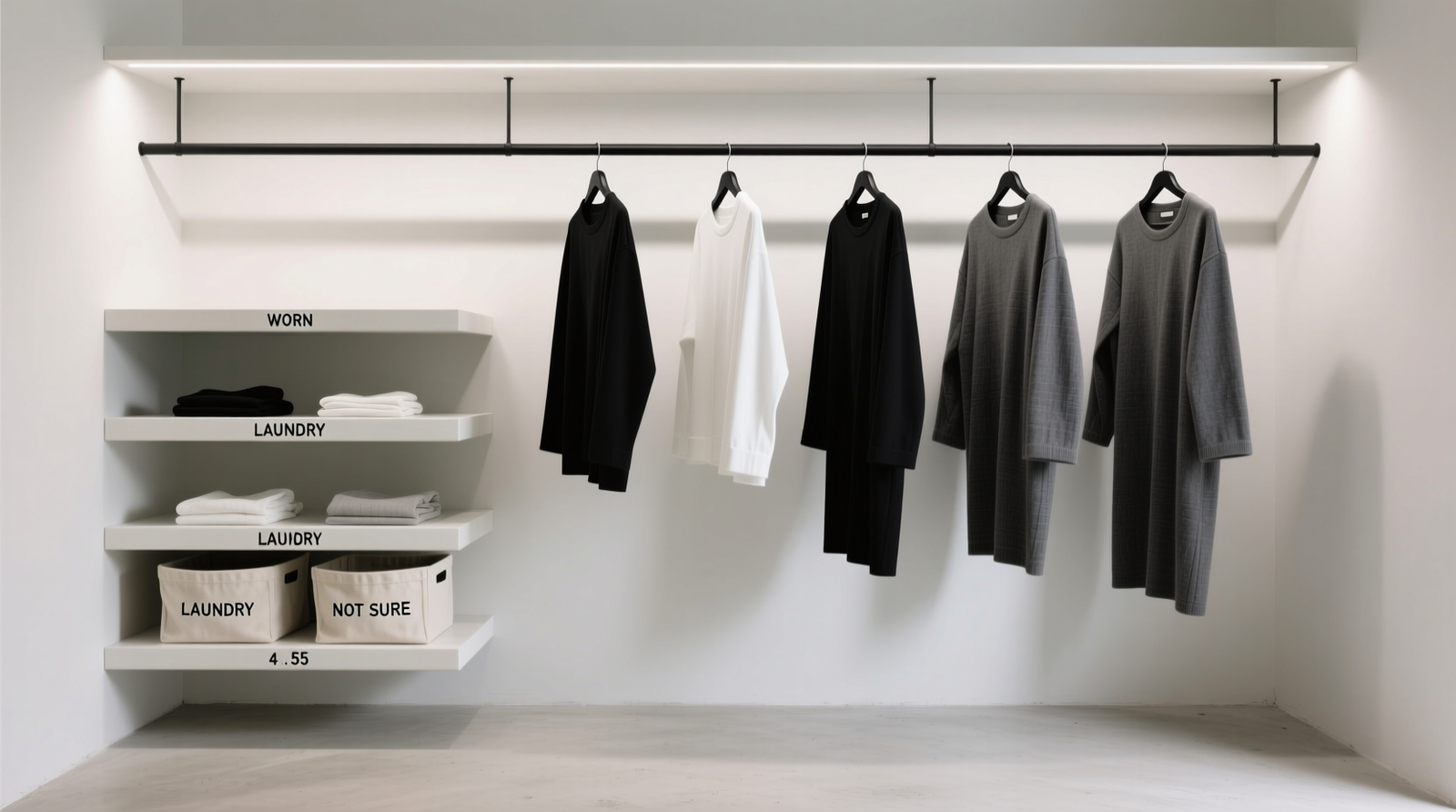 A minimalist closet with one horizontal rail at eye level, holding seven garments on identical matte-black hangers; three labeled canvas shelves below—'WORN', 'LAUNDRY', 'NOT SURE'—each containing no more than five items; floor clear, lighting even, no decorative objects